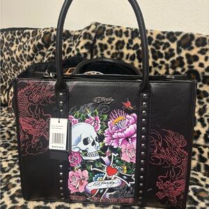 Ed Hardy Black and Pink Skull Tote